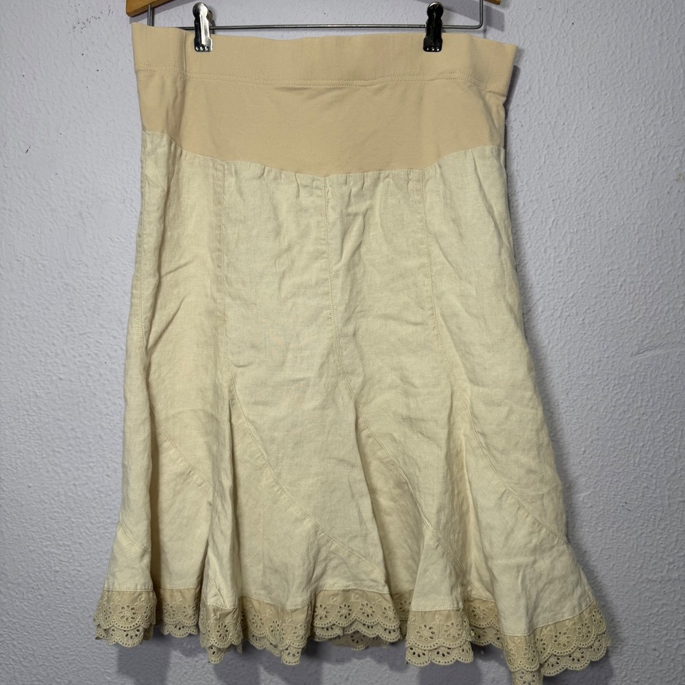 Motherhood Maternity Midi Skirt Beige Linen Blend Boho Eyelet Lace Hem Small